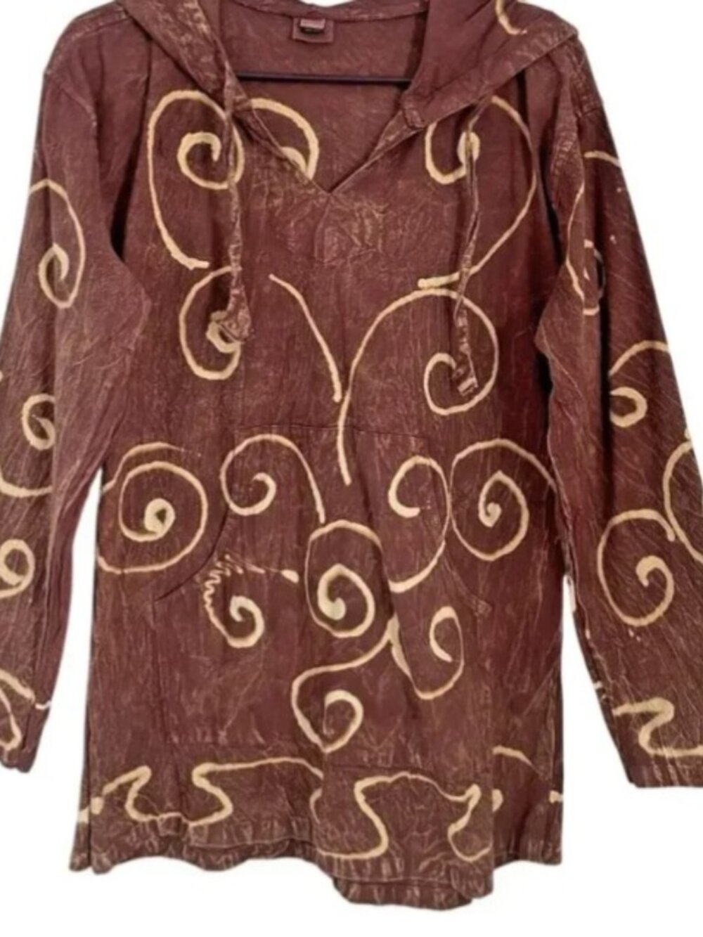 100 % Cotton Boho Brown Hooded Tunic with Cream Swirl Print